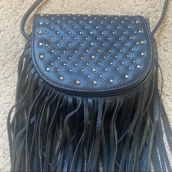 Urban Outfitters Bags Uo Ecote Black Studded Fringe Saddle Bag